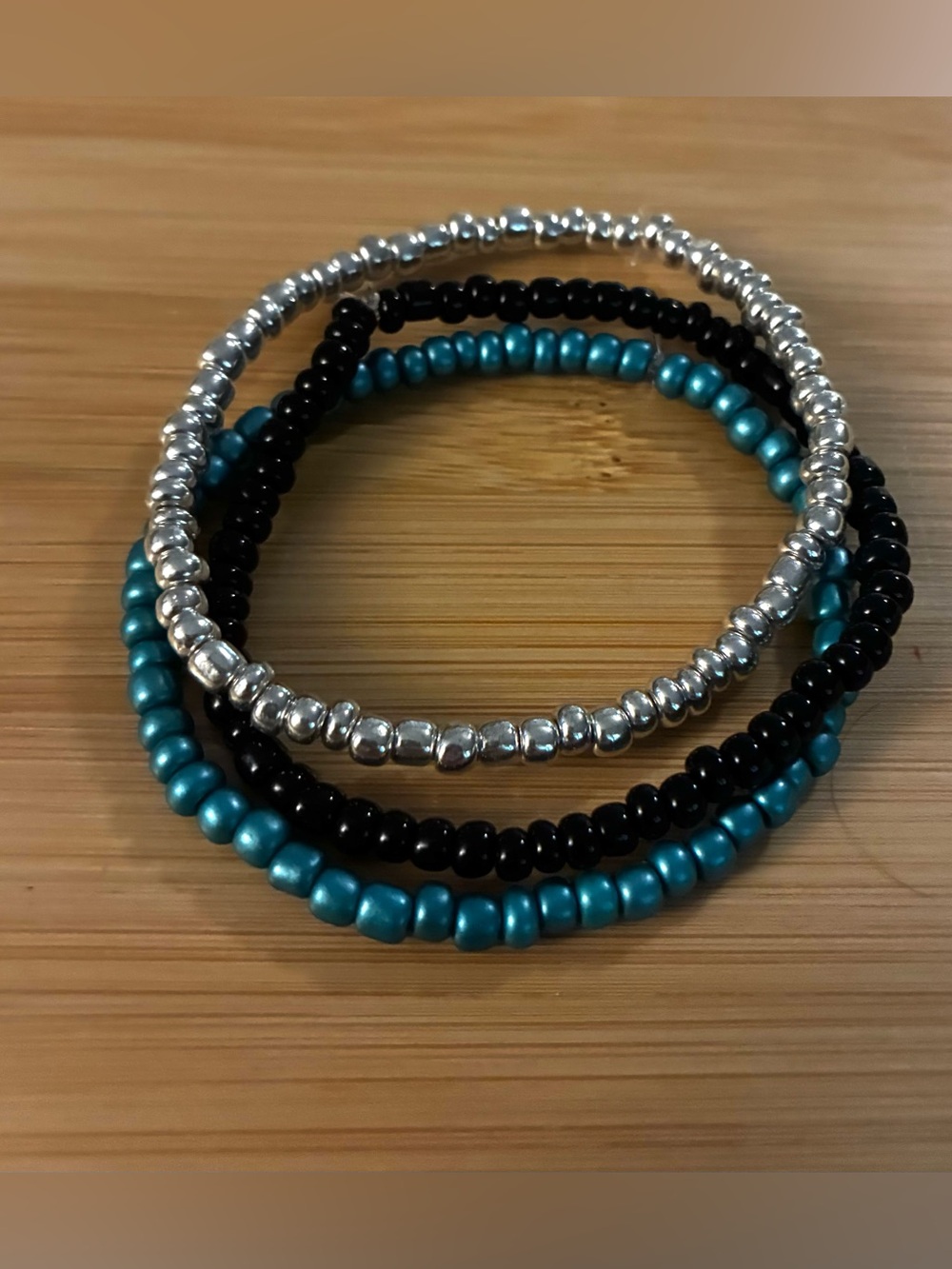 Stackable Beaded Stretch Bracelets in Teal, Black & Silver